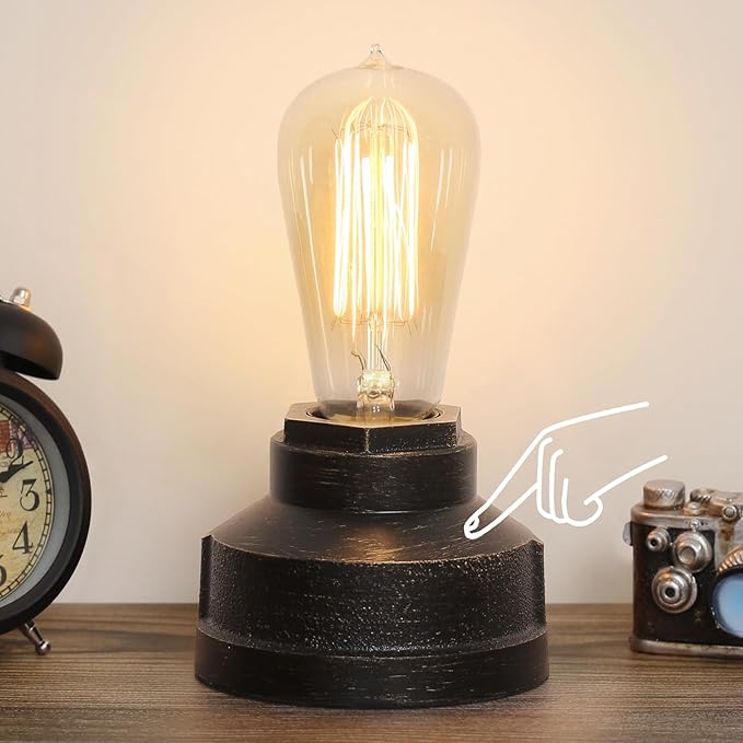 Boncoo Small Touch Control Table Lamp Base, Industrial Touch Light Vintage Edison Bulb Base, Dimmable Bedside Nightstand Accent Light for Living Room Bedroom, Antique Steampunk Style