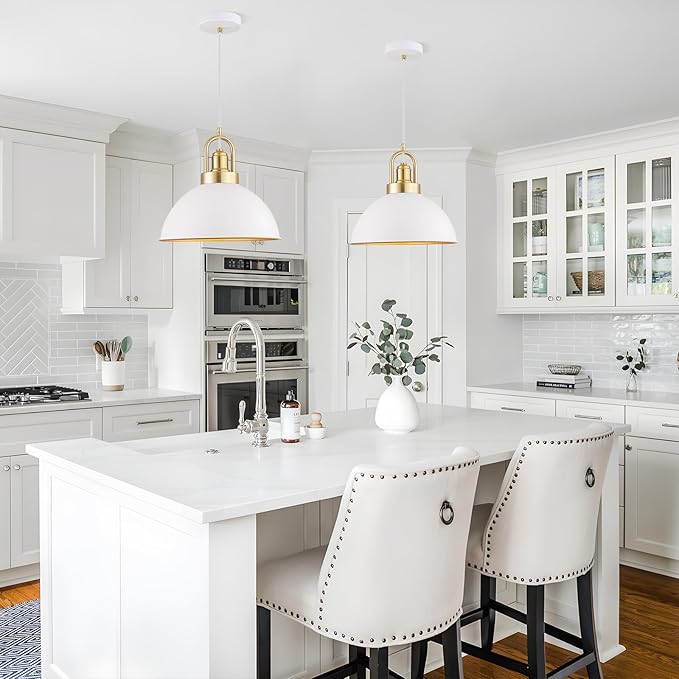 Modern White Pendant Light, Dome Metal Ceiling Hanging Light Fixtures, Nordic Style Pendant Lamp for Kitchen Island Dining Room(11.8 Inch 2 Packs) Dining Room 2 Pack