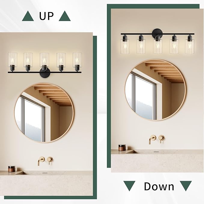 Espird Bathroom Vanity Light Fixtures Matte Black Bathroom Lighting Fixture, 5 Lights Bathroom Light Fixture Over Mirror, Modern Black Vanity Light, Wall Sconces with Glass Shades