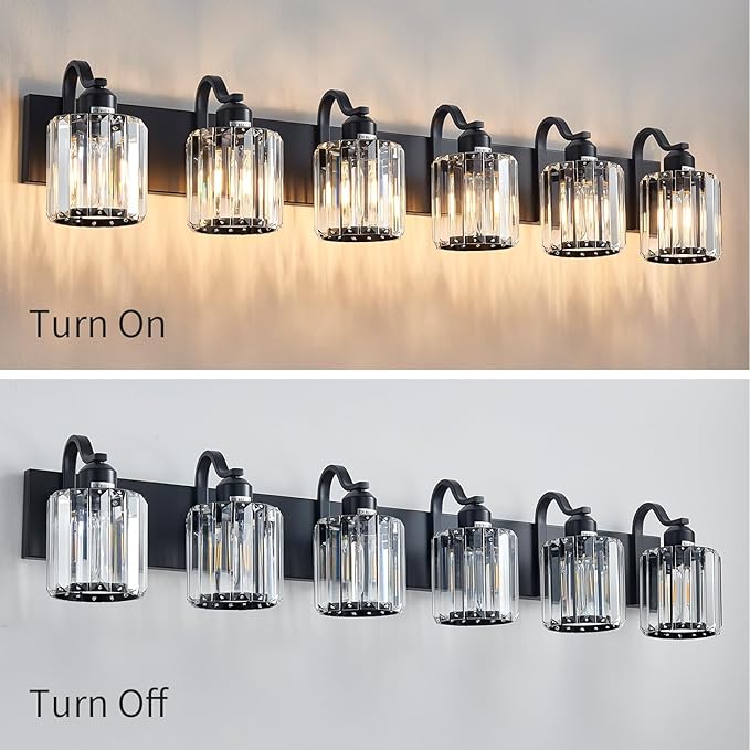 Black Crystal Bathroom Vanity Lights Fixtures 6 Light Over Mirror Modern Matte Black Bath Wall Lights with Round Shade (Exclude Bulb)