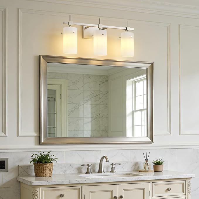 SOLFART Brushed Nickel Bathroom Light Fixtures, 3-Light Modern Vanity Light Over Mirror, Wall Sconces with Milky White Frosted Glass Shades, E26 Socket (Bulbs Not Included)