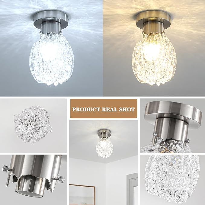 BUXVRCS Semi Flush Mount Ceiling Light Silver, Hammered Glass Hallway Ceiling Light Fixture, Small Vintage Close to Ceiling Light for Living Room Bedroom Bathroom Kitchen Entryway with E26 Base