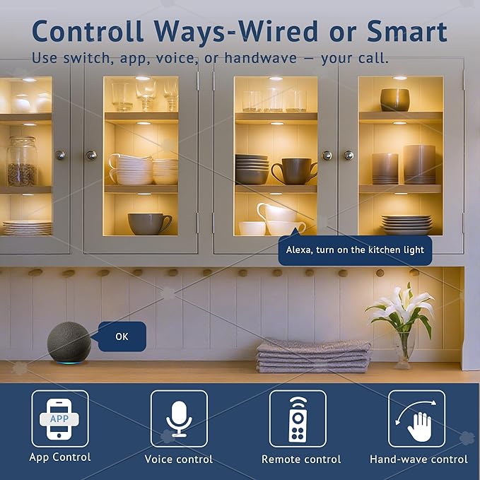 V4light Smart Under Cabinet Lights, Plug-in Puck Lighting with App, Voice & Motion Control, Dimmable 2700K–6500K, Compatible with Alexa & Google Home, Kitchen, Closet & Shelf Lighting (6 Pack)