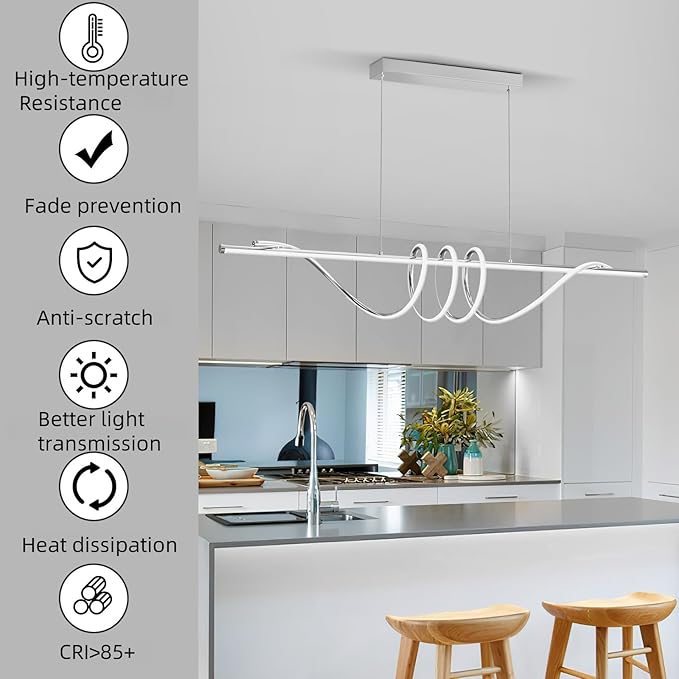 Modern LED Pendant Lights Kitchen Island,3000k-6000K Adjustable Color Dining Room Light Fixture,Dimmable with Remote Control Aluminum for Kitchen, Living, Dining,Bedroom(57in Chrome Silver