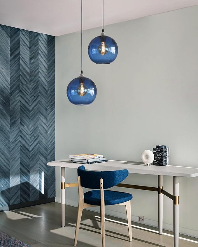 ARIAMOTION Pendant Lights Kitchen Island Blue Glass Lighting Modern Globe Ceiling Hanging Fixtures Seeded Bubble Bedside 8.7 Inch Diam 2-Pack Brushed Nickel