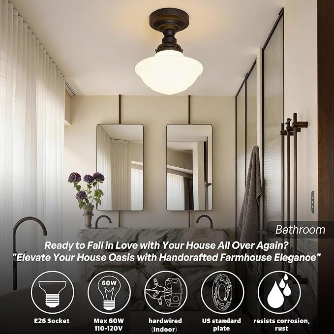 Modern Schoolhouse Semi Flush Mount Ceiling Light with Milk White Glass Lampshade, Industrial Close to Ceiling Light Fixture for Farmhouse Bedroom Hallway Entryway