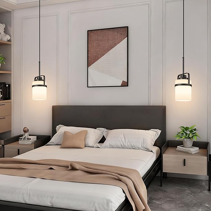 Modern Black Pendant Lights Kitchen Island Light, Adjustable Hanging Light Fixture with Milk Glass Shade, Farmhouse Pendant Light for Dining Room Bar Over Sink/Table/Counter, 2 Pack