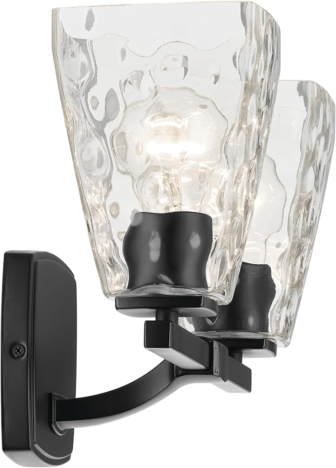 Kichler Marant 2-Light Bathroom Vanity Light Fixture with Clear Water Glass in Black, Modern Wall Mount Light for Powder Room Over Mirror (14.25 x 9.5 in), 55215BKWTR