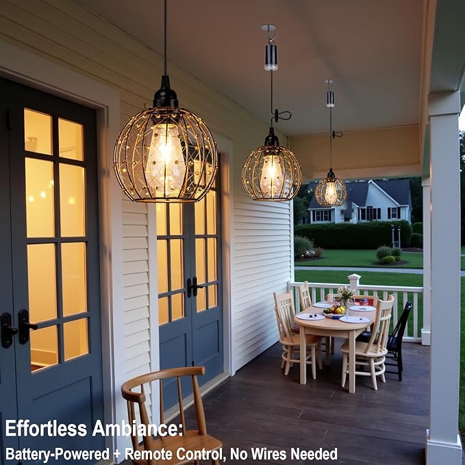 TWINKVILLA Hanging Pendant Lights, Battery Operated Outdoor Chandelier with Warm White LED Bulb for Patio Tree Pergola Gazebo Porch (Beaded Ball-ST58-3PK)