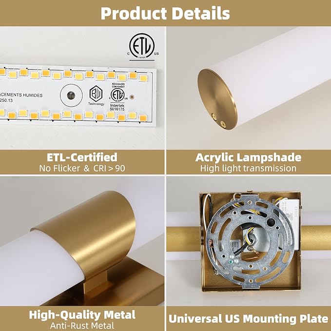 Gold Wall Sconces Set of Two 15 inch 5CCT Dimmable Bathroom Sconce with Acrylic Shade LED Hardwired Wall Light Fixtures for Bathroom Living Room Bedroom Hallway, 2 Pack