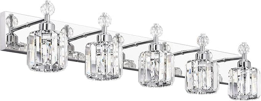 PRESDE Crystal 5-Light Vanity Light for Bathroom，Chrom Modern Bathroom Lights Fixtures Over Mirror