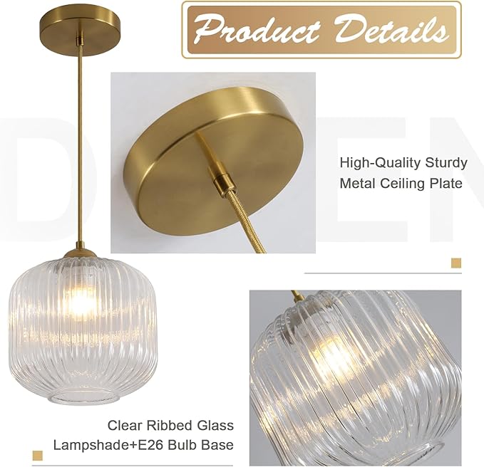 Modern Gold 1 Light Hanging Indoor Kitchen Island Pendant Light Large Single Brushed Brass Hanging Light Fixture Mid Century Clear Glass Globe Pendant Lighting for Dining Room Bedroom MPL30-C