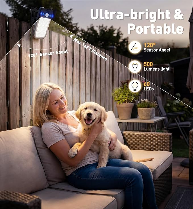 2 Pack Clip On Solar Lights Outdoor, 60 LED 500LM Motion Sensor Clamp Light, USB & Solar Powered Waterproof Security Lights for Fence Gutter Deck Camping, 1-Second Fast Install