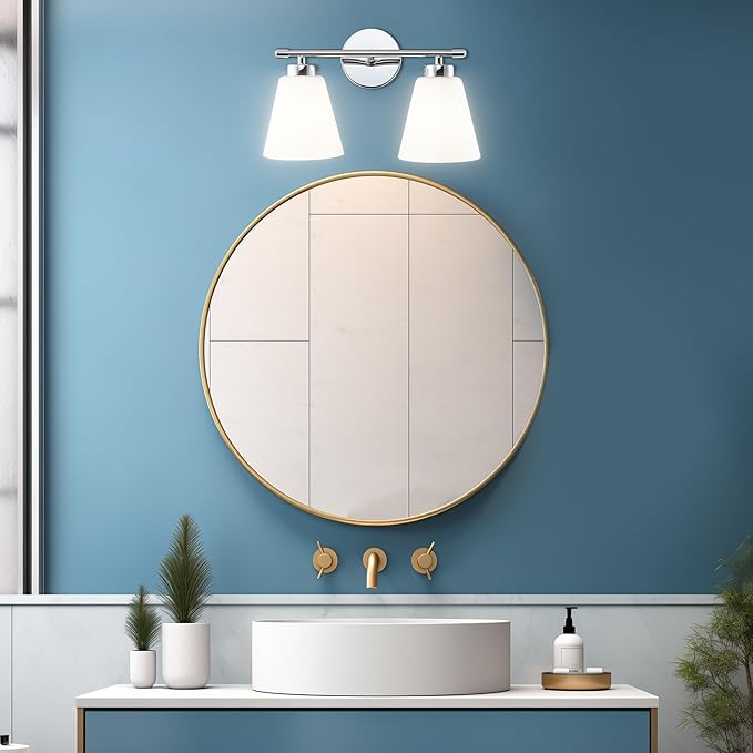 Hamilyeah Modern Chrome Bathroom Vanity Light Fixture Over Mirror, 2 Light Vanity Lighting Fixture with Frosted Glass Shade, Silver Wall Sconce Lighting for Bath, Bedroom, Kitchen, Hallway