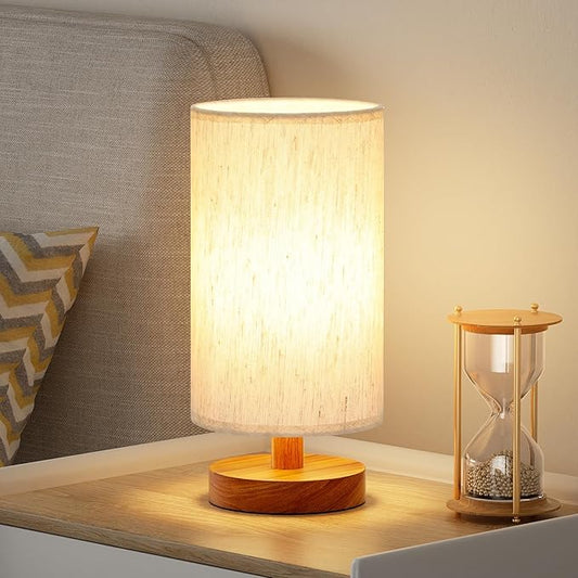 Fenmzee Small Table Lamp for Bedroom - Inline Control, Bedside Lamp with 3000K A15 LED Blub, Easy Assembly (Cream Shade - Walnut Base, 9" Inline Control)