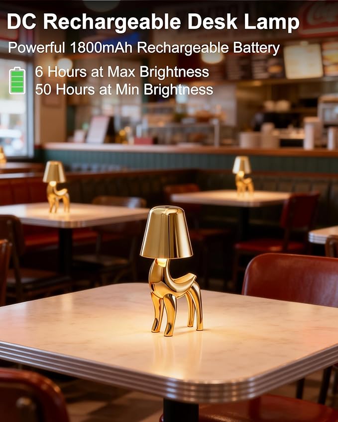 Deer Cordless Table Lamp, Touch Control Bedside Night Light with 3 Colors & Stepless Dimming, 1800mAh Rechargeable Gold Animal Lamp for Bedroom, Nursery, Home Decor, Gift for Kids & Women