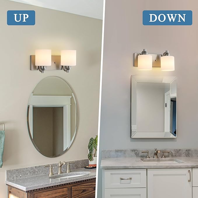 Mecgirn Stainless Steel Milk Glass Vanity Lights for Bathroom, 2 Light Brushed Nickel Bathroom Light Fixtures Over Mirror, Ceramic E26 Sockets Wall Mounted