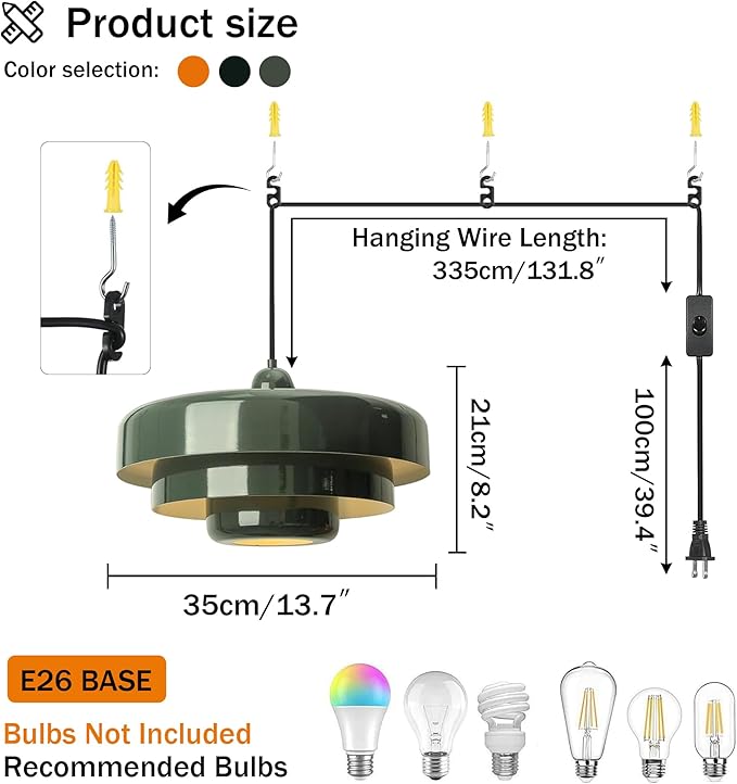 Plug-in Green Pendant Light Fixtures, 16FT Hanging Lights with Plug in Cord 3-Layer Shade Mid Century Modern Hanging Lamp Pendant Lighting for Bedroom Dining Room Living Room