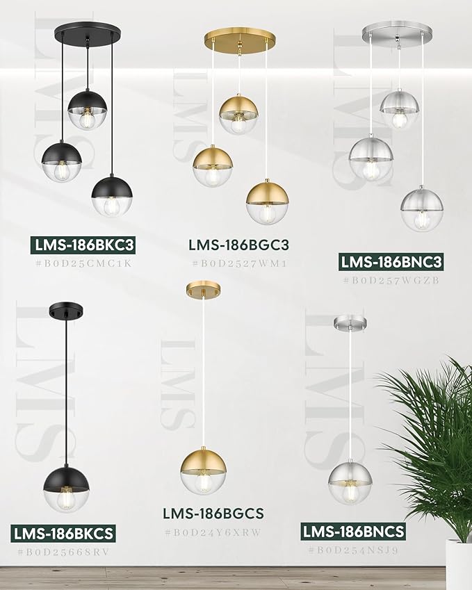LMS 6-inch Modern Pendant Light, Brushed Gold Industrial Kitchen Island Pendant Light with Clear Globe Glass, Adjustable Hanging Pendant Light Fixtures for Dining Room Living Room, LMS-186BGCS