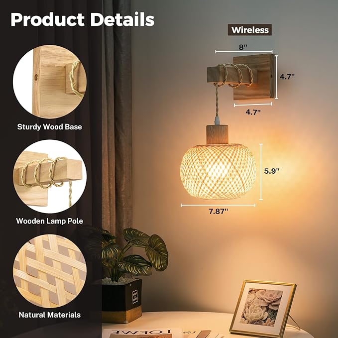Battery Operated Wall Sconce with Remote Set of 2, Rechargeable Boho Wall Sconces with 8000mAh Bulbs, 3CCT+12RGB Dimmable Woven Bamboo Wall Light/Lamp Rattan Sconces for Bedroom Living Room
