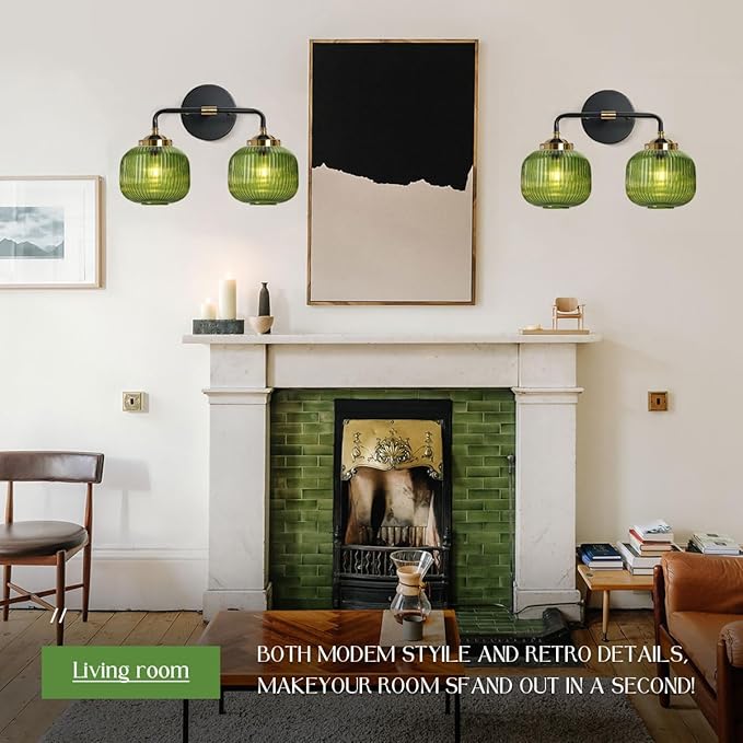 2-Lights Globe Wall Sconce Bathroom Light fixtures Vanity Lamp Mid Century Modern Wall Lights with Green Striped Glass Shade Vintage Vanity Lights for Over Mirror Hallway Overhead