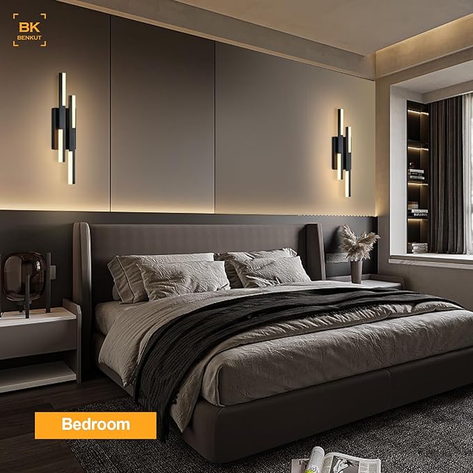 Benkut Modern LED Vanity Lights Set of 2, Black Wall Sconce with Remote Control Dimmable Indoor Wall Light Bedside Remote Sconce for Bedroom Bathroom Living Dining Room (2 Pack H19.7’’)