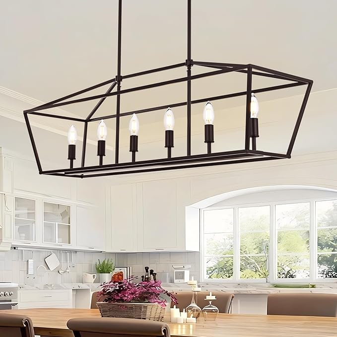 6-Light Kitchen Island Lighting, Farmhouse Dining Room Rectangle Chandelier, Hanging Pendant Light Fixture Over Table for Living Room, Oil Rubbed Bronze & E12 Bulb Base