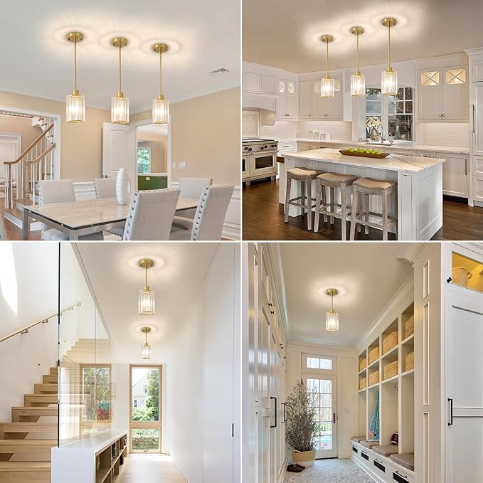 2 Pack Gold Pendant Lights for Kitchen Island, Modern Crystal Kitchen Hanging Light Fixtures, Mini Crystal Pendant Lights for Kitchen, Dining Room, Hallway, Foyer, Entryways