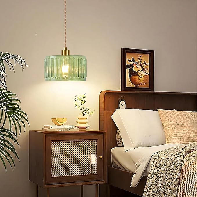 QIYIZM Plug in Pendant Light Hanging Lights with Plug in Cord Boho Hanging Lamp Glass Gold Mid Century Modern Vintage Dimmable Green Flower Plug in Chandelier Ceiling Fixture for Living Room,Kitchen