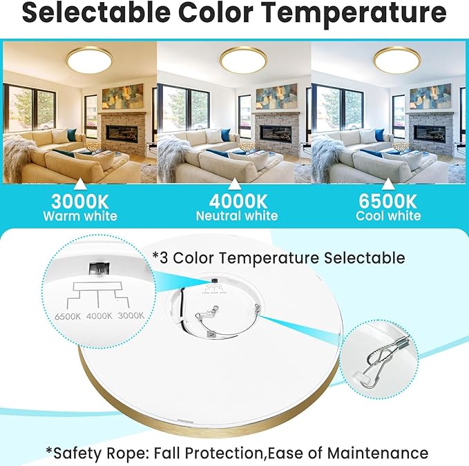 libtit 12 Inch LED Ceiling Light Golden, 28W 3200lm Aureate Flush Mount Ceiling Light, 3 Color Temperature 3000K/4500K/6000K, Gilded Round Flat Light Fixture for Kitchen Bathroom Shower