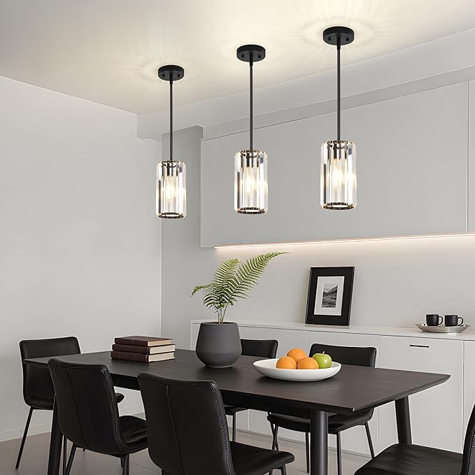 3-Pack Matte Black Pendant Light Fixtures, Crystal Kitchen Pendant Lighting Over Island,Mini Modern Pendant Lights for Kitchen Island, Dining Room, Hallway, Foyer, Entryways