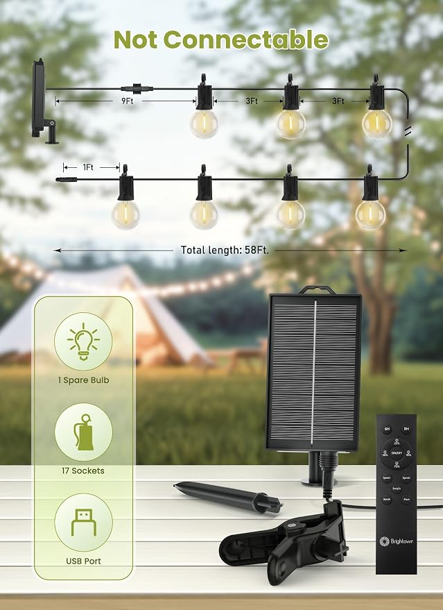Brightown 58FT Solar String Lights Outdoor with Remote Cable Ties Hooks, 17 LED Shatterproof Bulbs, 3 Light Modes, Dimmer & Timer, Commercial Grade Patio Lights for Yard Balcony Pergola Party Decor