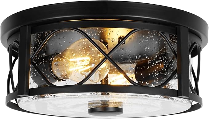 Rustic Close to Ceiling Light Fixtures, Farmhouse Flush Mount Ceiling Lighting, Metal Cage Lighting with Seeded Glass Black Cage for Home Kitchen Dining Room Bedroom Hallway Entryway Foyer