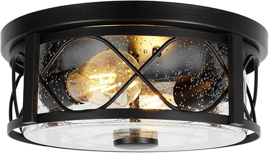 Rustic Close to Ceiling Light Fixtures, Farmhouse Flush Mount Ceiling Lighting, Metal Cage Lighting with Seeded Glass Black Cage for Home Kitchen Dining Room Bedroom Hallway Entryway Foyer