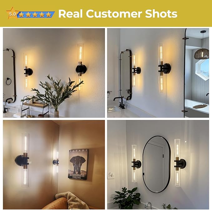 Indoi Wall Sconces Set of Two, 22" Black and Gold Bathroom Sconces with Clear Glass, Hardwired Modern Sconces Wall Decor Set of 2 Wall Light fixtures for Bathroom Mirror Living Room Hallway Bedroom