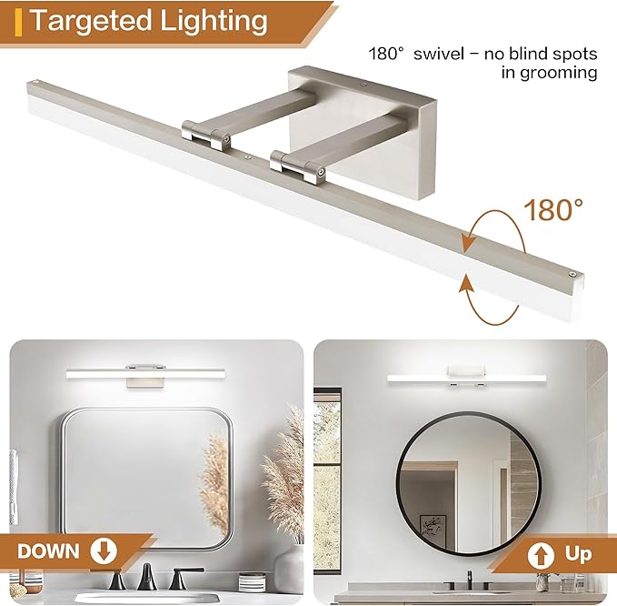 SOLFART Bathroom Lights Over Mirror: 32 Inch Bathroom Vanity Light- Brushed Nickel 6000K LED Hardwired Install Adjustable 180 Degree Bar IP44 Damp Rated ETL Certified