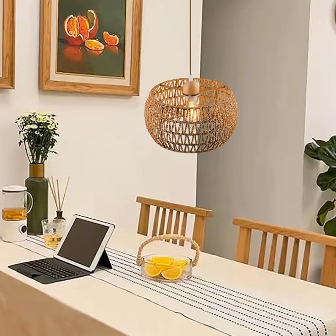 Rattan Pendant Light Fixture Ceiling Bohemian Chandelier Flush Mount Hanging Light 12.99-inch Small Woven Lamp Shade Wooden Base Basket for Kitchen Island Hallway Bedroom Dinning Table