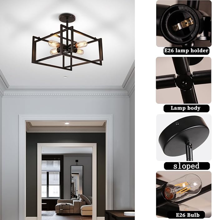 HuisMier 4 Lights Black Industrial Ceiling Light Fixtures, Farmhouse Semi Flush Mount Ceiling Light Fixture Black Industrial Chandelier for Kitchen Island Dining Room Bedroom Foyer Hallway