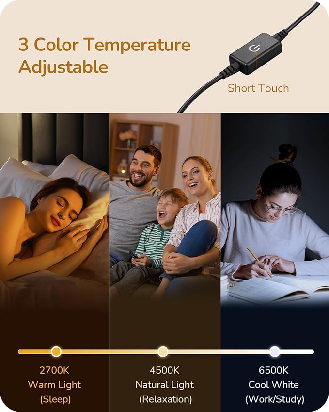 EDISHINE LED Table Lamp, Dimmable Bedside Lamp, 3 Color Temperature, Power Cord Touch Switch Desk Lamp, Upgraded Minimal Nightstand Lamp for Bedroom, Living Room, Gift, Metal Finish, Eye Caring, White