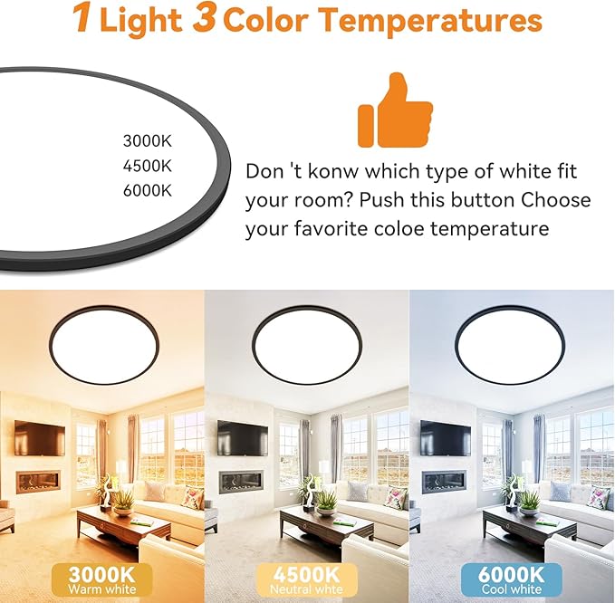 slochi 1PACK LED Flush Mount Ceiling Light Fixture, 3000K-4500K-6000K & 150W Equivalent Modern Kitchen Ceiling Lamp 36W 3600Lm 16 Inch Closet Round Surface for Bathroom Laundry Bedroom Hallway, Black