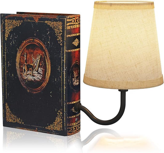 Vintage Bookshelf Lamp Rechargeable, Cordless Book Lamp with Linen Shade, Dimmable Touch Control Table Lamp, Modern Decorative Bookend, Bookshelf Lights for Office Home, Library, Study