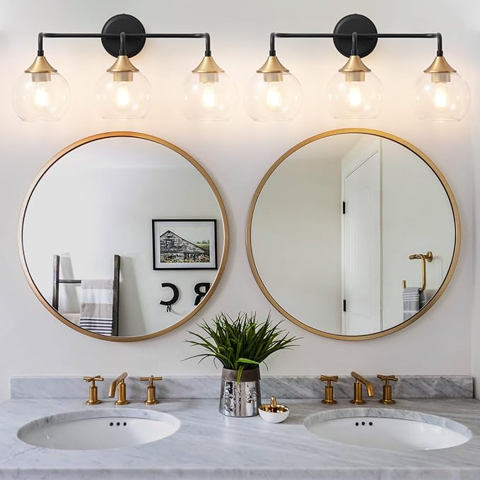 Bathroom Light Fixtures 3 Light Bathroom Vanity Light with Clear Glass Shade, 22 inch Vanity Lighting Fixtures Over Mirror, Black and Gold Vanity Lights Fixture (Exclude E26 Bulb)