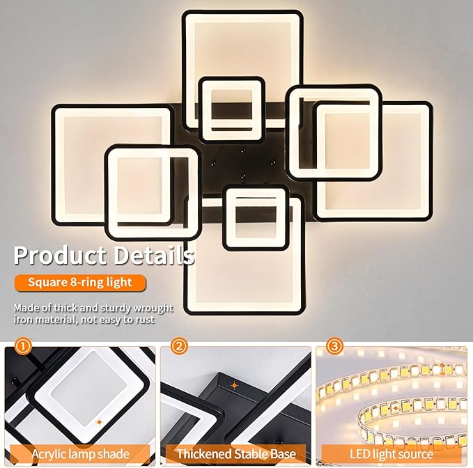 Shine LUEST Modern LED Ceiling Light, Dimmable LED Chandelier Black Flush Mount Ceiling Lights, Remote Control Acrylic Ring Ceiling Lamp Fixture for Living Room Dining Room Bedroom, 8H-FANG-BL-04