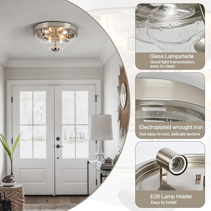 Flush Mount Ceiling Light Fixtures, 2-Light Ceiling Mount for Farmhouse with Seeded Glass Lampshade, Industrial Flush Mount Light Fixture Farmhouse for Hallway, Kitchen, Entryway,Bedroom