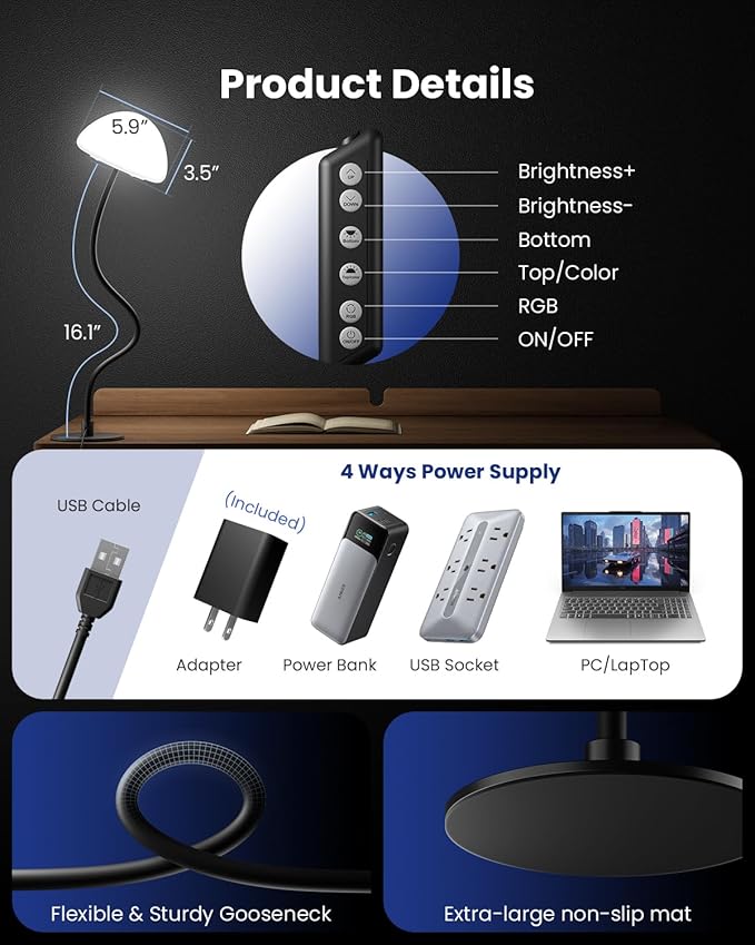 RGB Bedside Table Lamp with 3 Color Temperatures, Stepless Dimmable Desk Lamp 5%-100%, Flexible Gooseneck LED Night Light, 4 Power Supply Options for Bedroom Living Room Office Gift