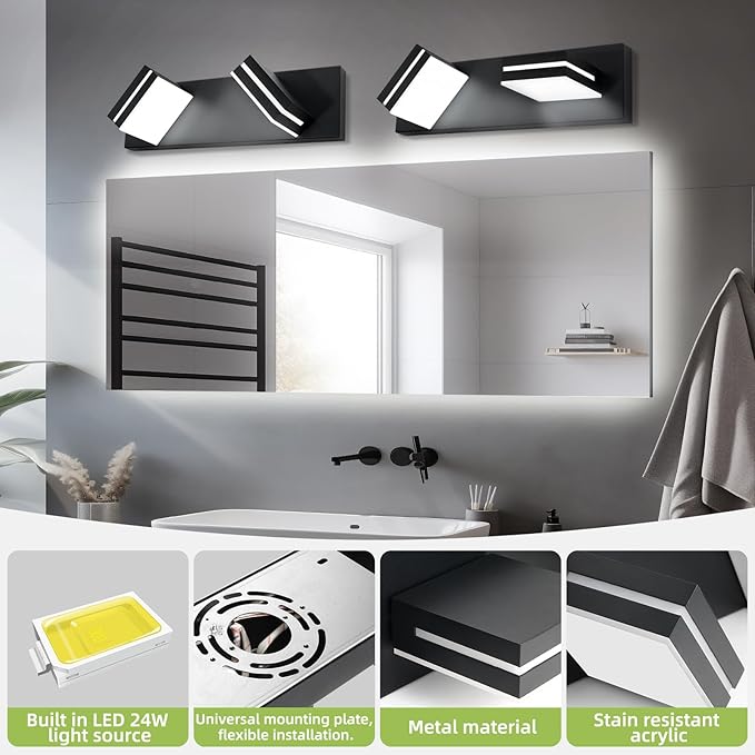 OKELI 2 Light Bathroom Vanity Light Matte Black Modern 16W LED Dimmable Vanity Light Over Mirror 350° Adjustable Lamp Head Cold White 6000K ETL Listed 15.5Inch