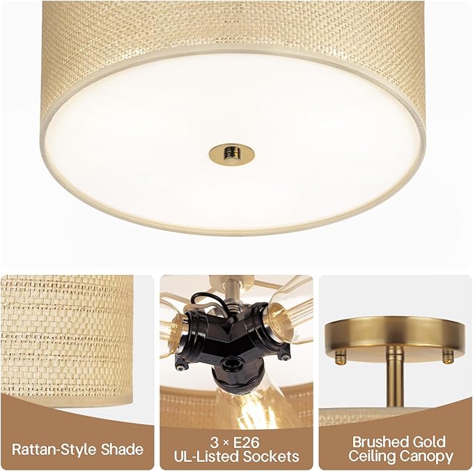 13" Boho Woven Rattan Ceiling Light Fixture, 3-Light Semi Flush Mount Modern Drum Lamp with Beige Fabric Shade, Rustic Lighting for Bedroom, Living Room, Dining Room, Hallway and Entryway