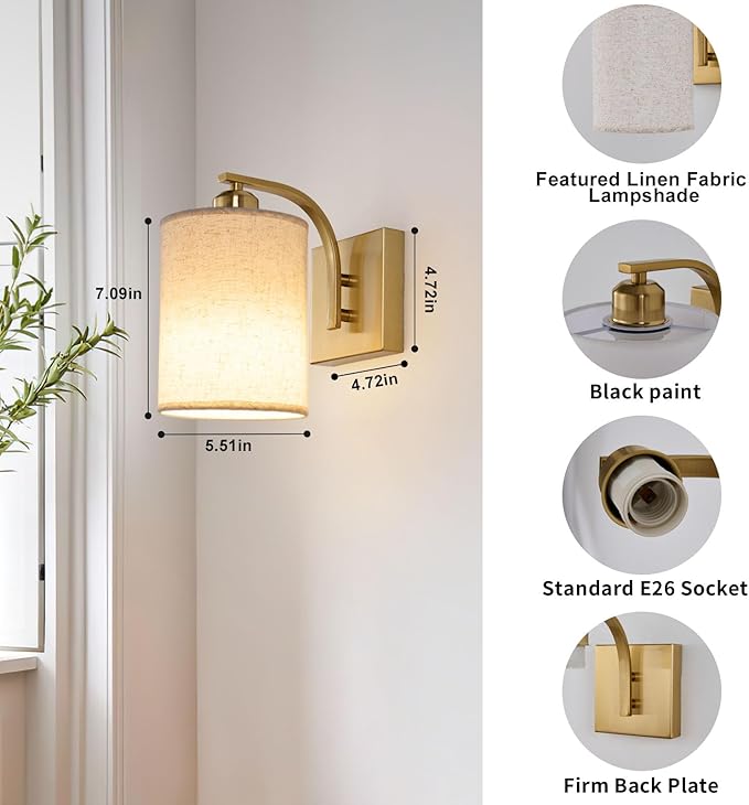 Powfloven Gold Rechargeable Battery Operated Wall Sconces Set of 2 with Remote, Wireless Dimmable Battery Powered LED Wall Lights, Cordless Wall Lighting Lamp Fixture for Bedroom Living Room