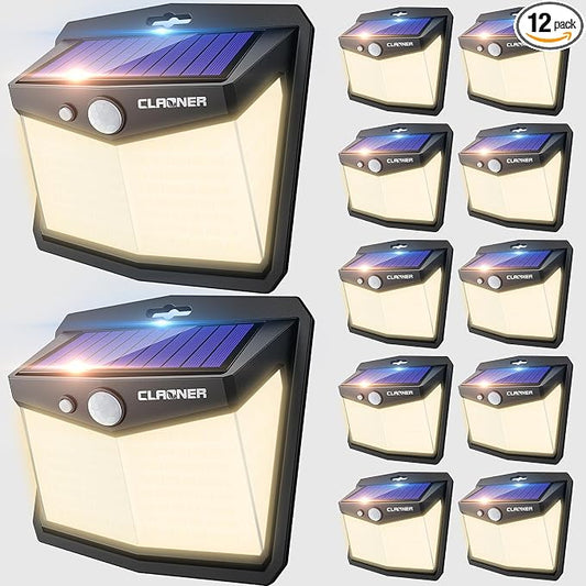 CLAONER Solar Lights Outdoor, [128 LED/12 Packs] Motion Sensor Lights 3 Working Modes for Outdoor with 270° Wide Angle Wireless IP65 Waterproof Security Light for Fence, Patio, Warm White