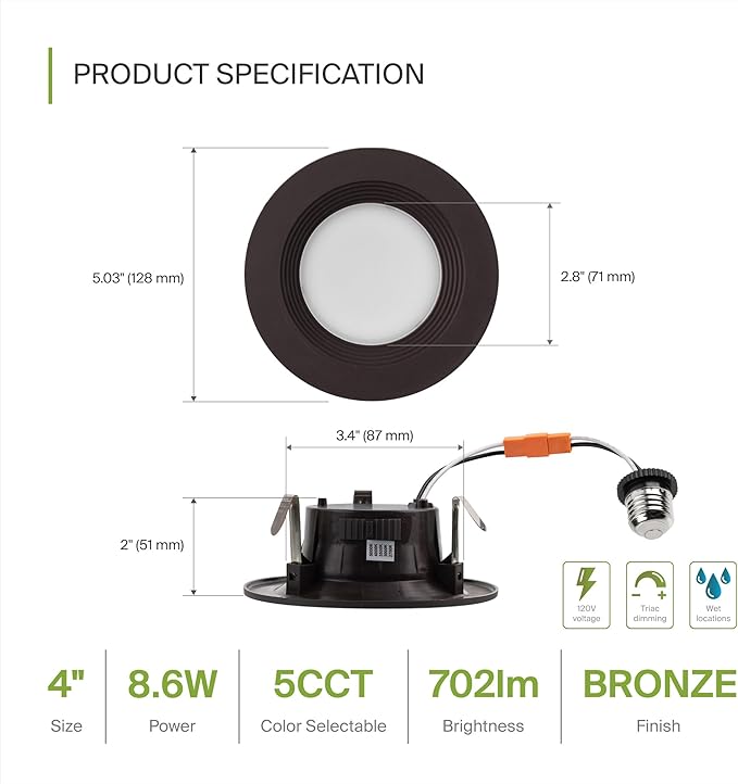 ASD 6 Pack Bronze 4 Inch Retrofit LED Recessed Light - 9W 2700K-5000K 700LM Retrofit LED Recessed Lighting 4 Inch, Dimmable Bronze Recessed Lights, Wet Rated Baffle Trim Can Lights, UL